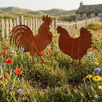 Rost-Deko Gartenstecker „Hahn & Henne“ – Landhaus-Charme für Ihren Garten